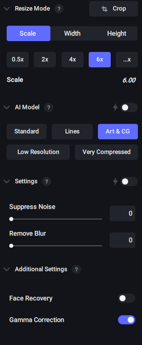 Topaz Gigapixel: Control panel