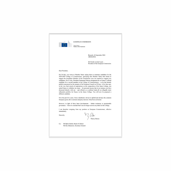 Thierry Breton si dimette da Commissario UE, criticando la gestione di von der Leyen