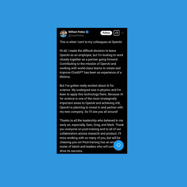 Liam Fedus, responsabile post-formazione presso OpenAI, parte per lanciare una nuova startup